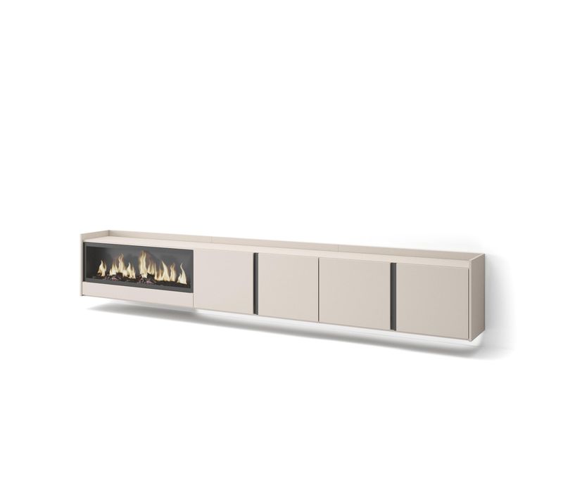 Meuble TV, Banc Télé, 315x35x50cm, Cheminée électrique XXL, Suspendu, Mural, LED, Beige