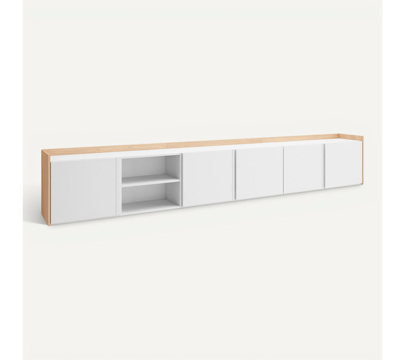 Meuble TV, Banc Télé, 309x35x50cm, Suspendu, Mural, LED, Blanc Et Chêne Soft