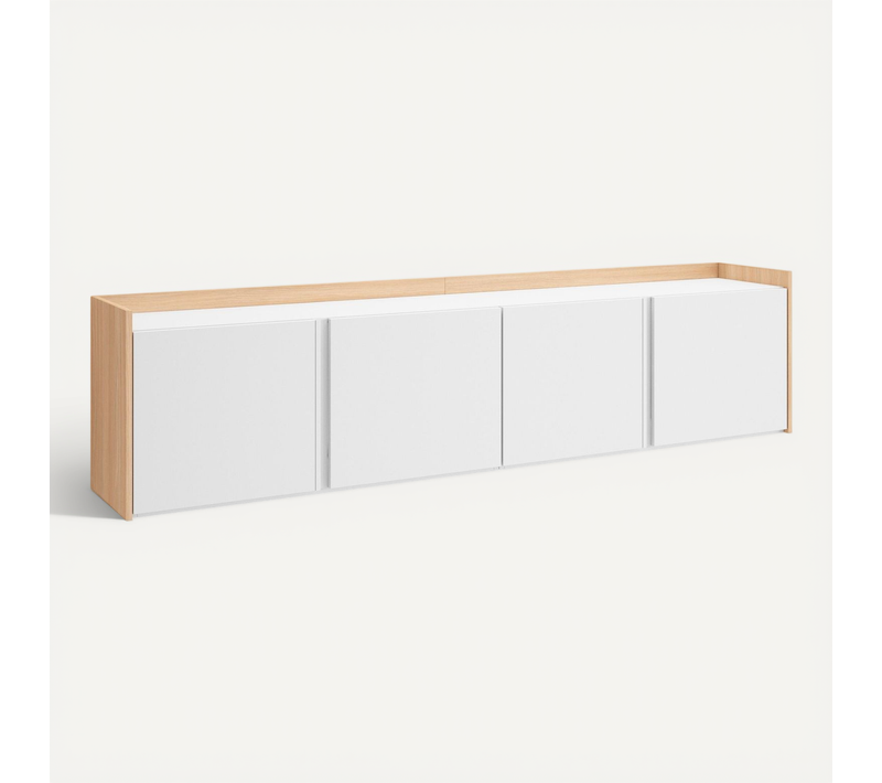 Meuble TV, Banc Télé, 207x35x50cm, Suspendu, Mural, LED, Blanc Et Chêne Soft