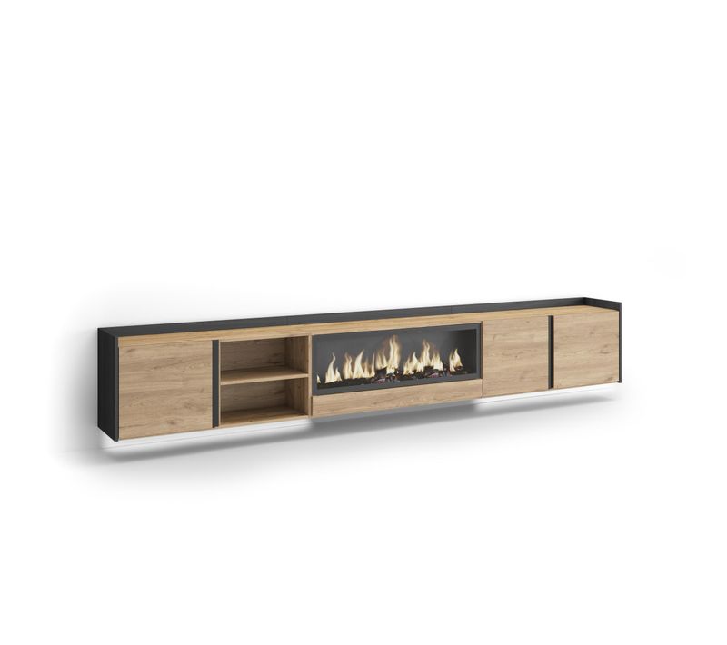Meuble TV, Banc Télé, 315x35x50cm, Cheminée électrique XXL, Suspendu, Mural, LED, Chêne Et Noir
