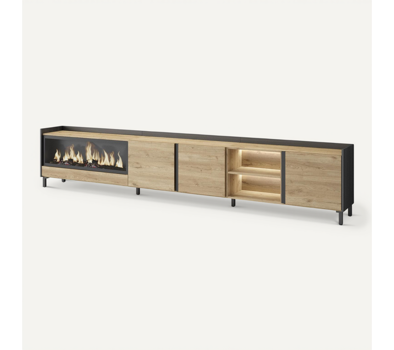 Meuble TV, Banc Télé, 315x35x61cm, Cheminée électrique XXL, Design Industriel, LED, Chêne Et Noir