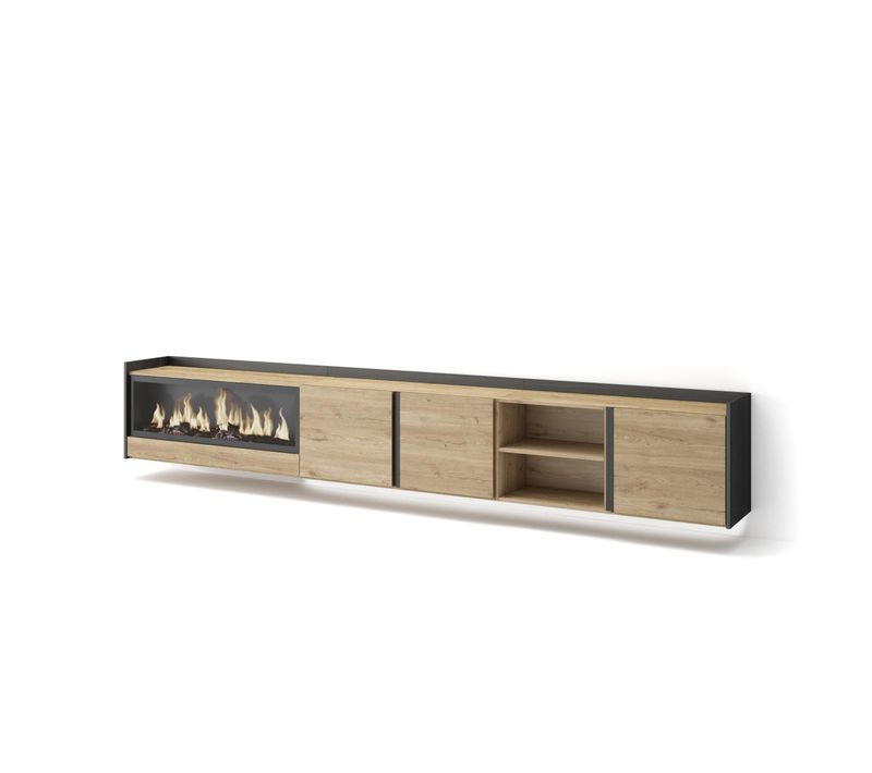 Meuble TV, Banc Télé, 315x35x50cm, Cheminée électrique XXL, Suspendu, Mural, LED, Chêne Et Noir