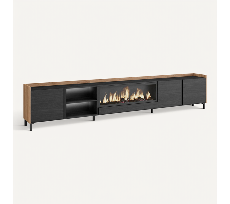 Meuble TV, Banc Télé, 315x35x61cm, Cheminée électrique XXL, Design Industriel, LED, Noir Et Chêne