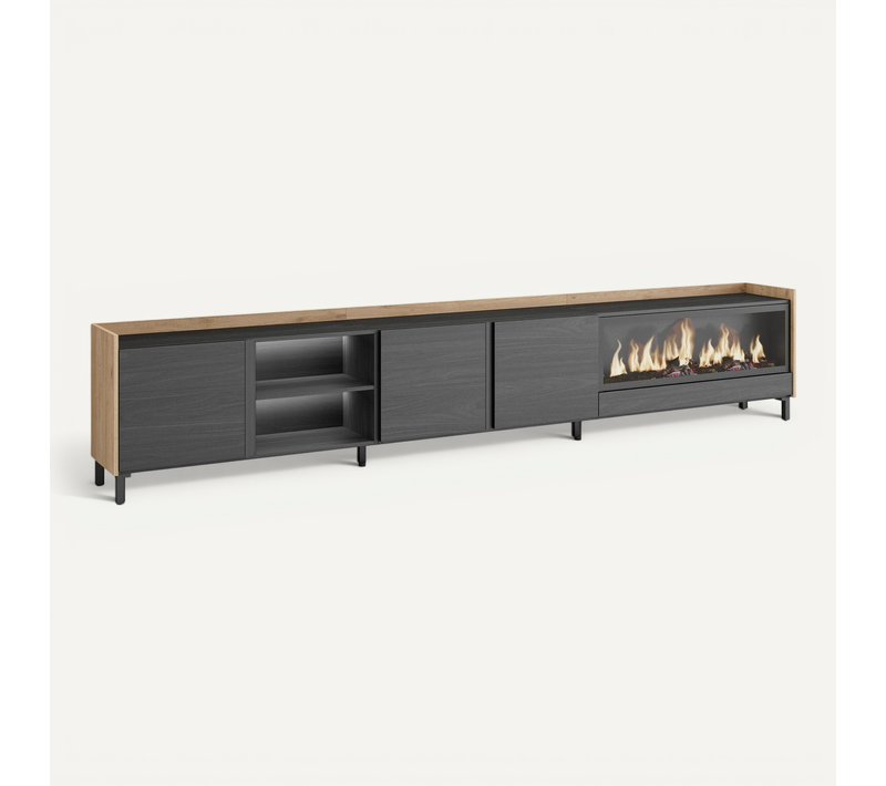 Meuble TV, Banc Télé, 315x35x61cm, Cheminée électrique XXL, Design Industriel, LED, Noir Et Chêne