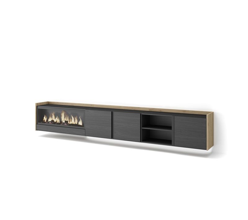 Meuble TV, Banc Télé, 315x35x50cm, Cheminée électrique XXL, Suspendu, Mural, LED, Noir Et Chêne