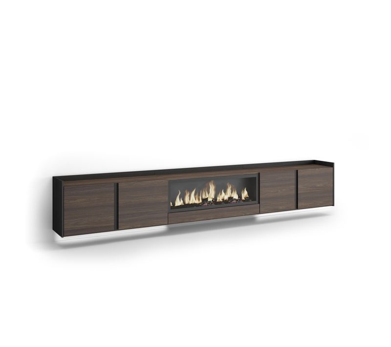 Meuble TV, Banc Télé, 315x35x50cm, Cheminée électrique XXL, Suspendu, Mural, LED, Chêne Foncé, Noir