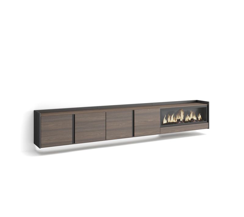 Meuble TV, Banc Télé, 315x35x50cm, Cheminée électrique XXL, Suspendu, Mural, LED, Chêne Foncé, Noir