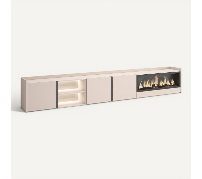 Meuble TV, Banc Télé, 315x35x50cm, Cheminée électrique XXL, LED, Beige