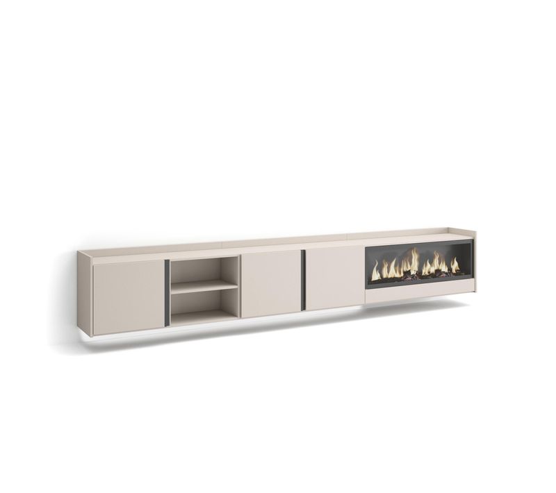 Meuble TV, Banc Télé, 315x35x50cm, Cheminée électrique XXL, Suspendu, Mural, LED, Beige