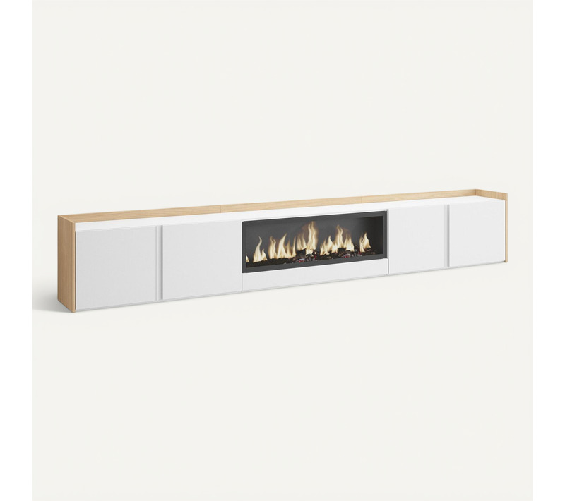 Meuble TV, Banc Télé, 315x35x50cm, Cheminée électrique XXL, Suspendu, Mural, LED, Blanc, Chêne Soft