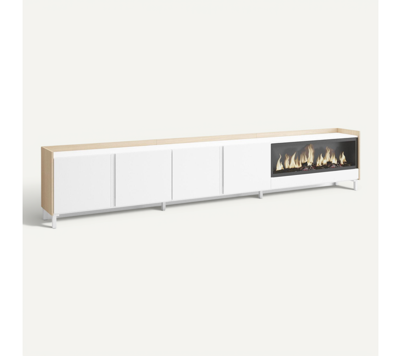 Meuble TV, Banc Télé, 315x35x61cm, Cheminée électrique XXL, Industriel, LED, Blanc Et Chêne Soft