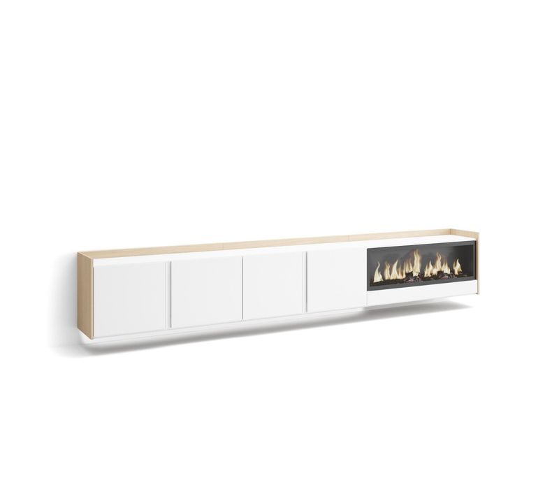 Meuble TV, Banc Télé, 315x35x50cm, Cheminée électrique XXL, Suspendu, Mural, LED, Blanc, Chêne Soft