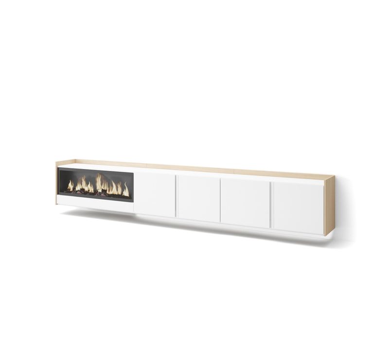 Meuble TV, Banc Télé, 315x35x50cm, Cheminée électrique XXL, Suspendu, Mural, LED, Blanc, Chêne Soft