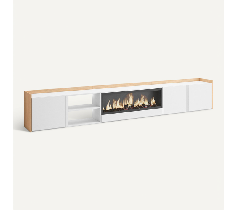 Meuble TV, Banc Télé, 315x35x50cm, Cheminée électrique XXL, LED, Blanc Et Chêne Soft