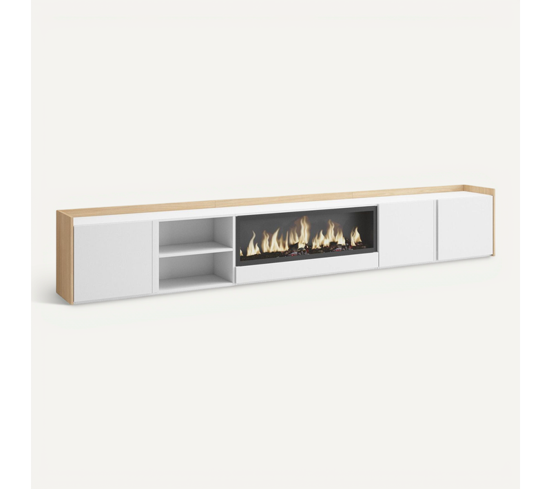 Meuble TV, Banc Télé, 315x35x50cm, Cheminée électrique XXL, Suspendu, Mural, LED, Blanc, Chêne Soft