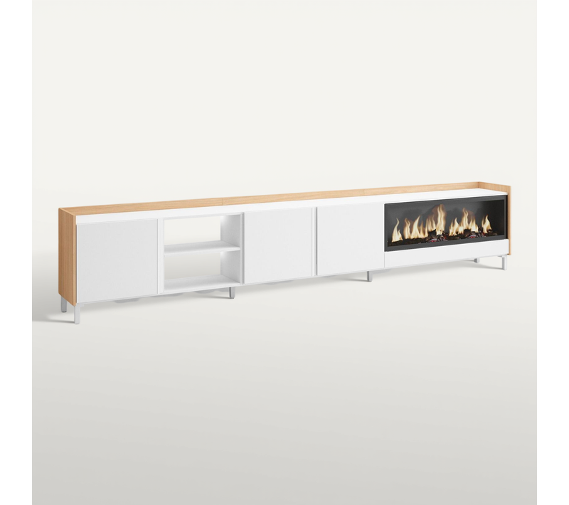 Meuble TV, Banc Télé, 315x35x61cm, Cheminée électrique XXL, Industriel, LED, Blanc Et Chêne Soft