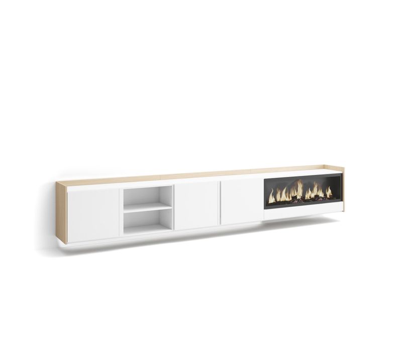 Meuble TV, Banc Télé, 315x35x50cm, Cheminée électrique XXL, Suspendu, Mural, LED, Blanc, Chêne Soft