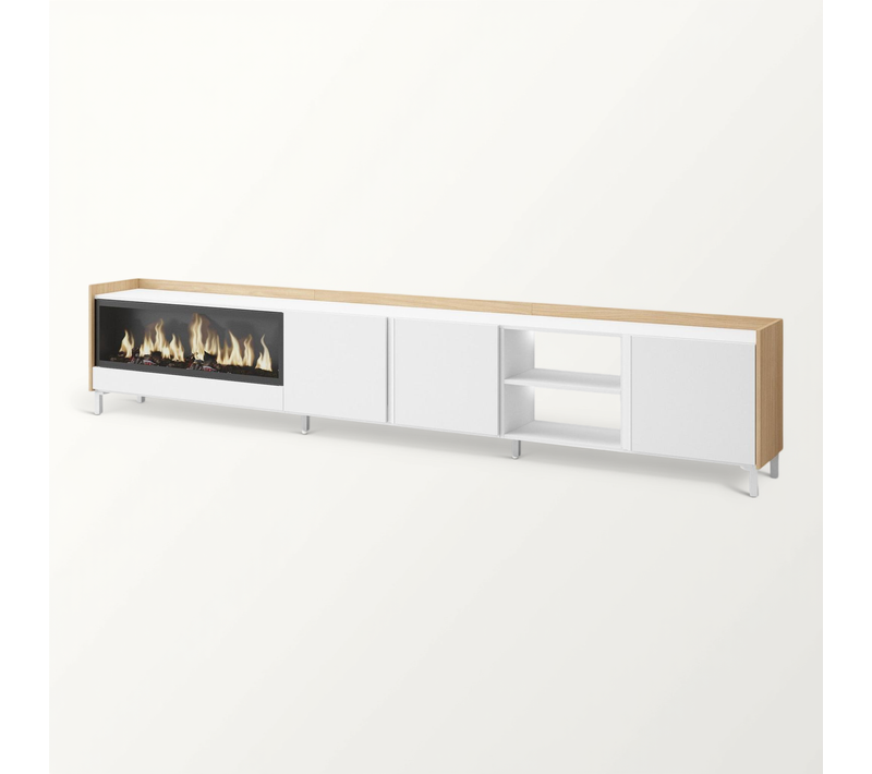 Meuble TV, Banc Télé, 315x35x61cm, Cheminée électrique XXL, Industriel, LED, Blanc Et Chêne Soft