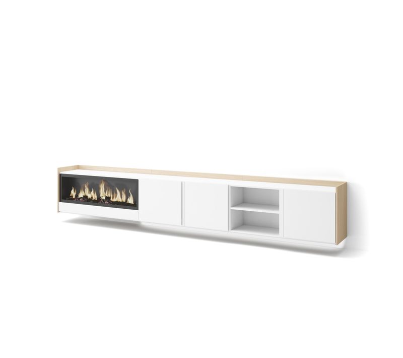 Meuble TV, Banc Télé, 315x35x50cm, Cheminée électrique XXL, Suspendu, Mural, LED, Blanc, Chêne Soft
