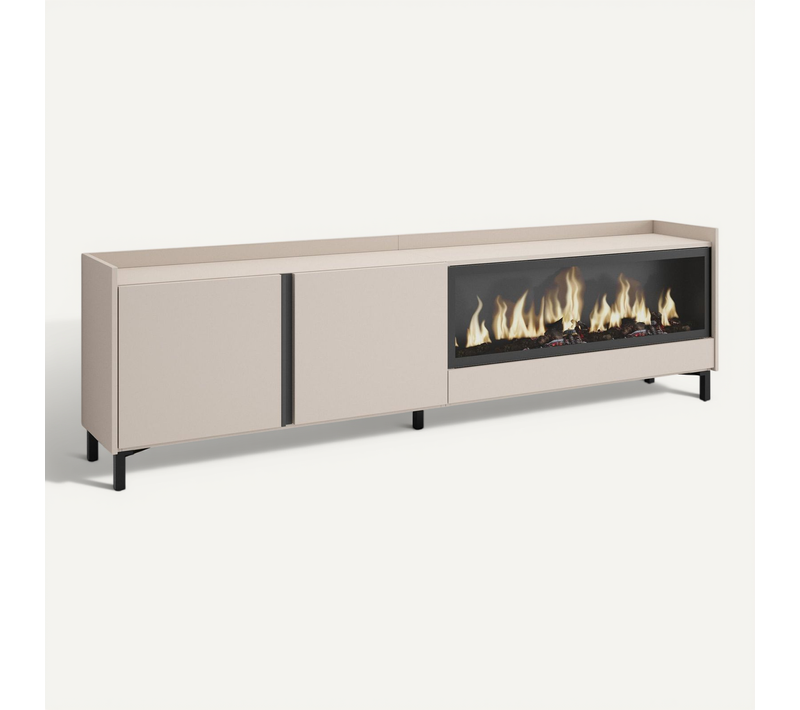 Meuble TV, Banc Télé, 212x35x61cm, Cheminée électrique XXL, Design Industriel, LED, Beige