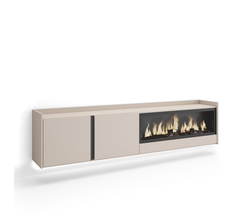 Meuble TV, Banc Télé, 212x35x50cm, Cheminée électrique XXL, Suspendu, Mural, LED, Beige