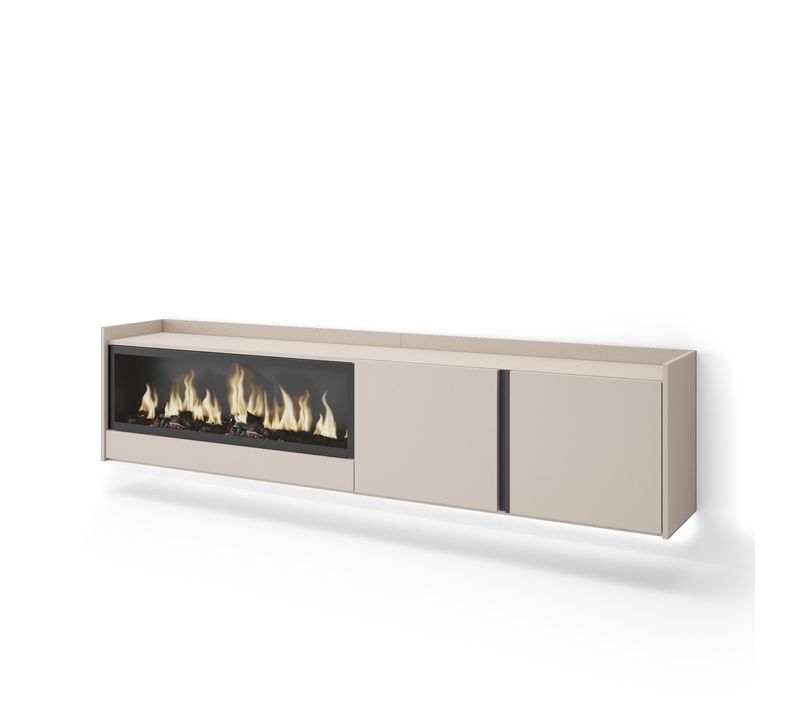 Meuble TV, Banc Télé, 212x35x50cm, Cheminée électrique XXL, Suspendu, Mural, LED, Beige