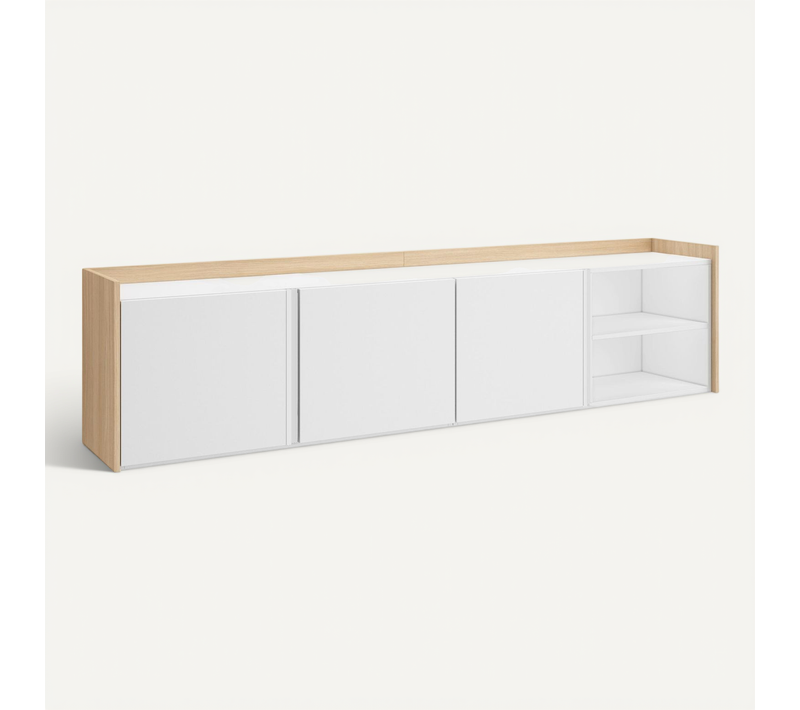 Meuble TV, Banc Télé, 207x35x50cm, Suspendu, Mural, LED, Blanc Et Chêne Soft