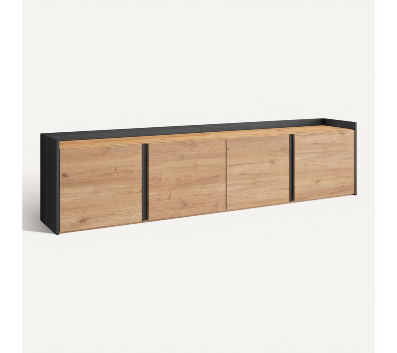 Meuble TV, Banc Télé, 207x35x50cm, Suspendu, Mural, LED, Chêne Et Noir