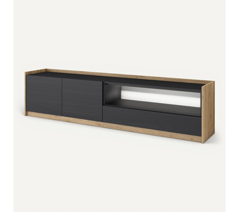 Meuble TV, Banc Télé, 207x37x50cm, LED, Noir Et Chêne