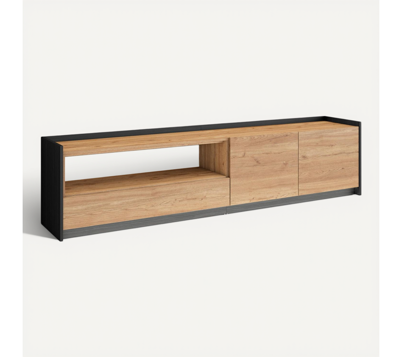 Meuble TV, Banc Télé, 207x37x50cm, LED, Chêne Et Noir