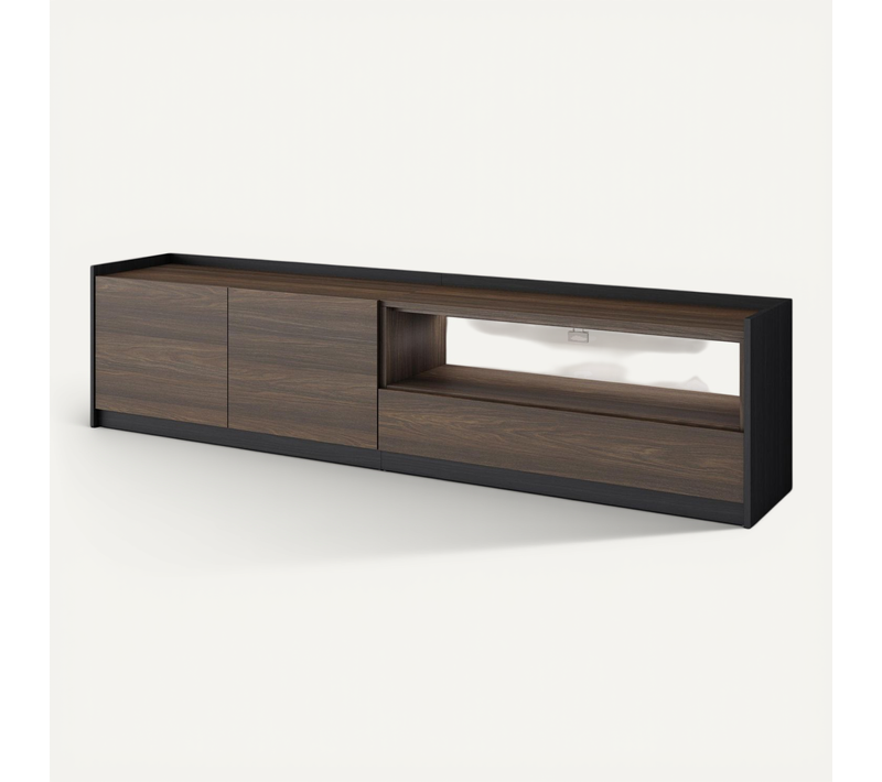 Meuble TV, Banc Télé, 207x37x50cm, LED, Chêne Foncé Et Noir
