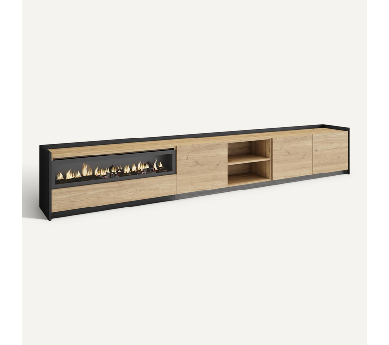 Meuble TV, Banc Télé, 310x37x50cm, Cheminée électrique, LED, Chêne Et Noir
