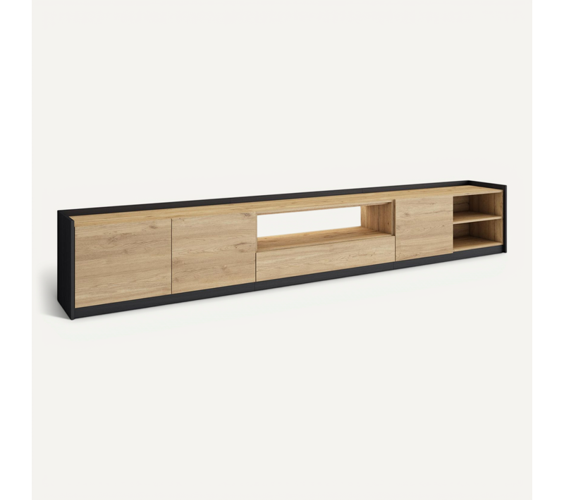 Meuble TV, Banc Télé, 310x37x50cm, LED, Chêne Et Noir