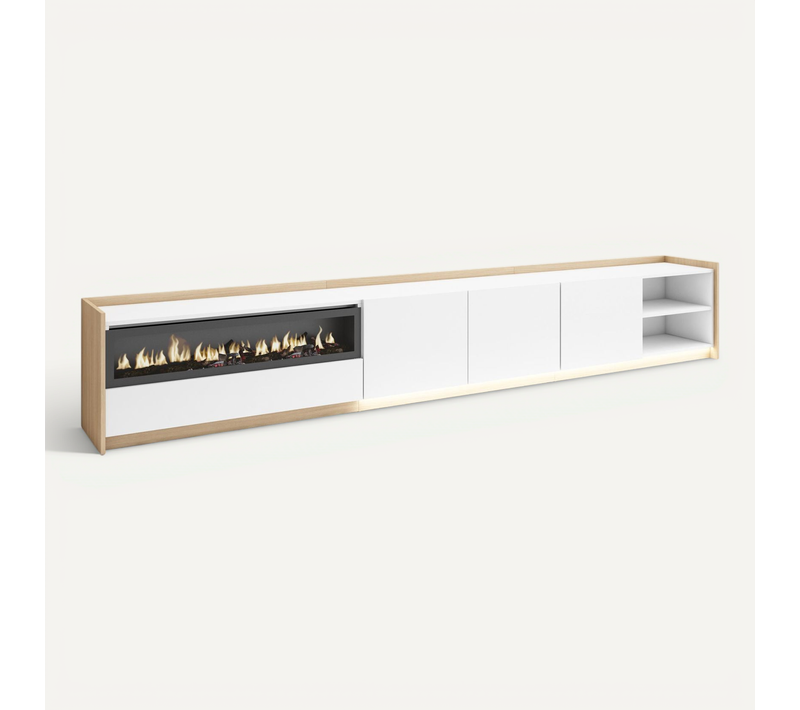 Meuble TV, Banc Télé, 310x37x50cm, Cheminée électrique, LED, Blanc Et Chêne Soft