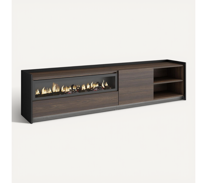 Meuble TV, Banc Télé, 207x37x50cm, Cheminée électrique, LED, Chêne Foncé Et Noir