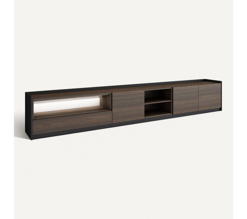 Meuble TV, Banc Télé, 310x37x50cm, LED, Chêne Foncé Et Noir