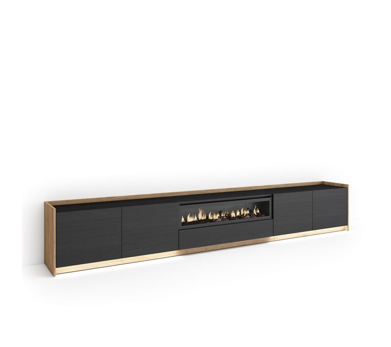 Meuble TV, Banc Télé, 310x50x37cm, Cheminée électrique, LED, Noir Et Chêne