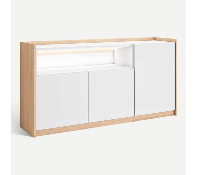 Buffet, Salon Et Cuisine, 156x37x80cm, 3 Portes, LED, Blanc Et Chêne Soft