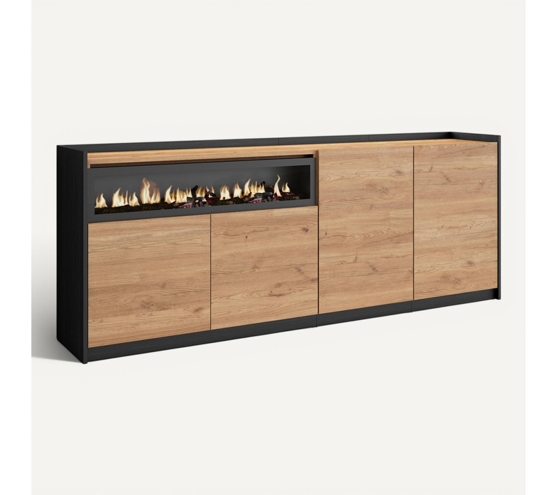 Buffet, Salon Et Cuisine, 207x37x80cm, Cheminée électrique, LED, Chêne Et Noir