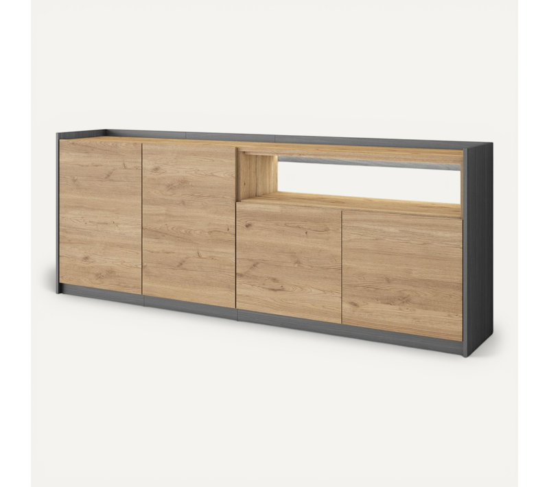 Buffet, Salon Et Cuisine, 207x37x80cm, 4 Portes, LED, Chêne Et Noir