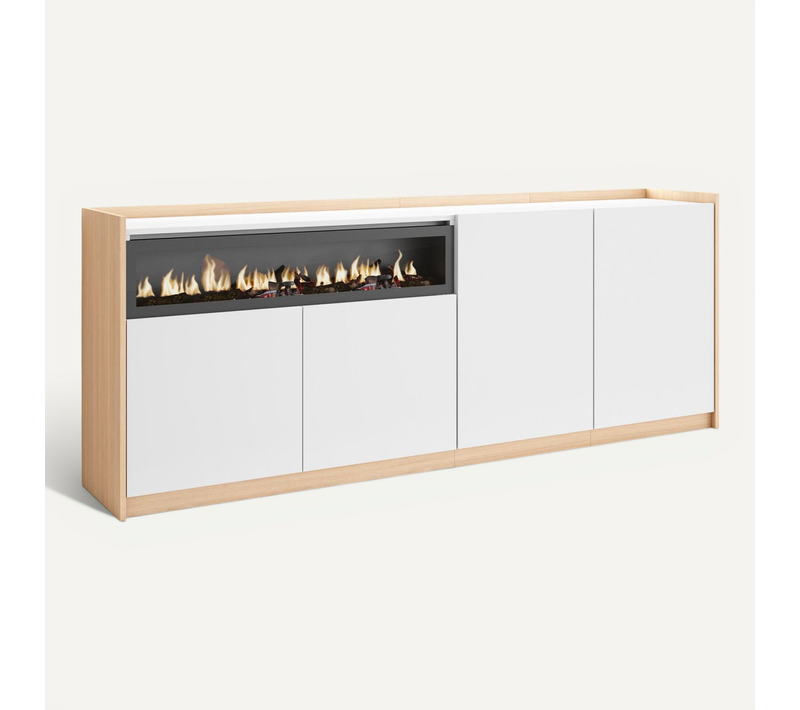 Buffet, Salon Et Cuisine, 207x37x80cm, Cheminée électrique, LED, Blanc Et Chêne Soft