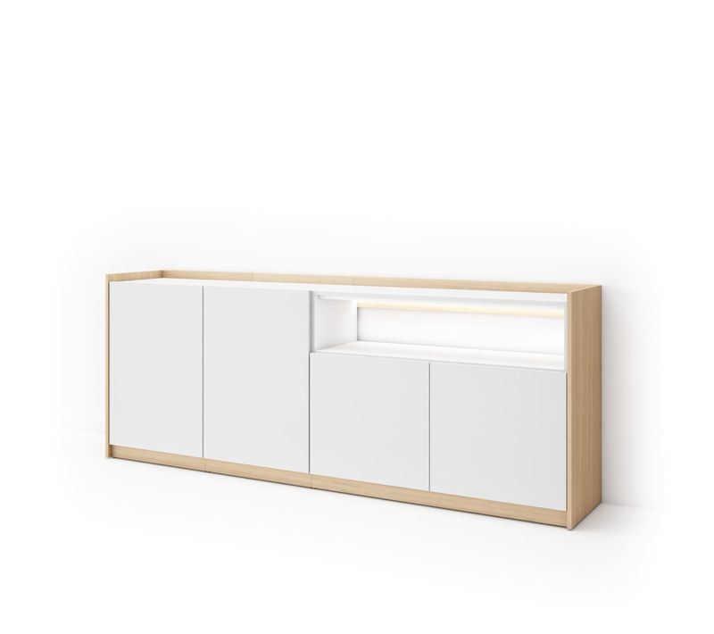 Buffet, Salon Et Cuisine, 207x80x37cm, 4 Portes, LED, Blanc Et Chêne Soft