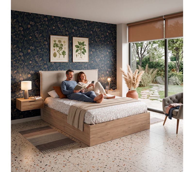Lit coffre 140x190 cm SOAM imitation chêne & tissu beige