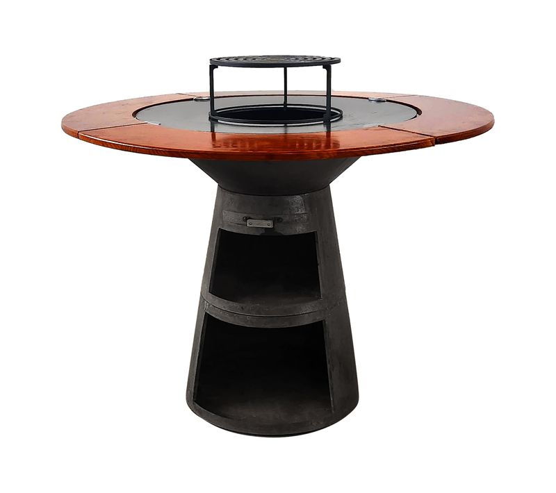 Barbecue Rond Avec Plaque De Cuisson Et De Gril En Acier Et Planche En Bois