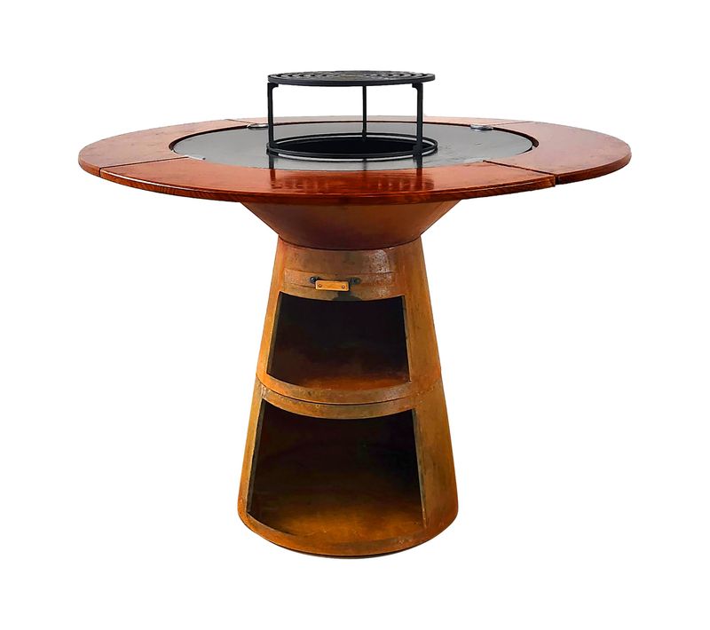 Barbecue Rond Avec Plaque De Cuisson Et De Gril En Acier Et Planche En Bois