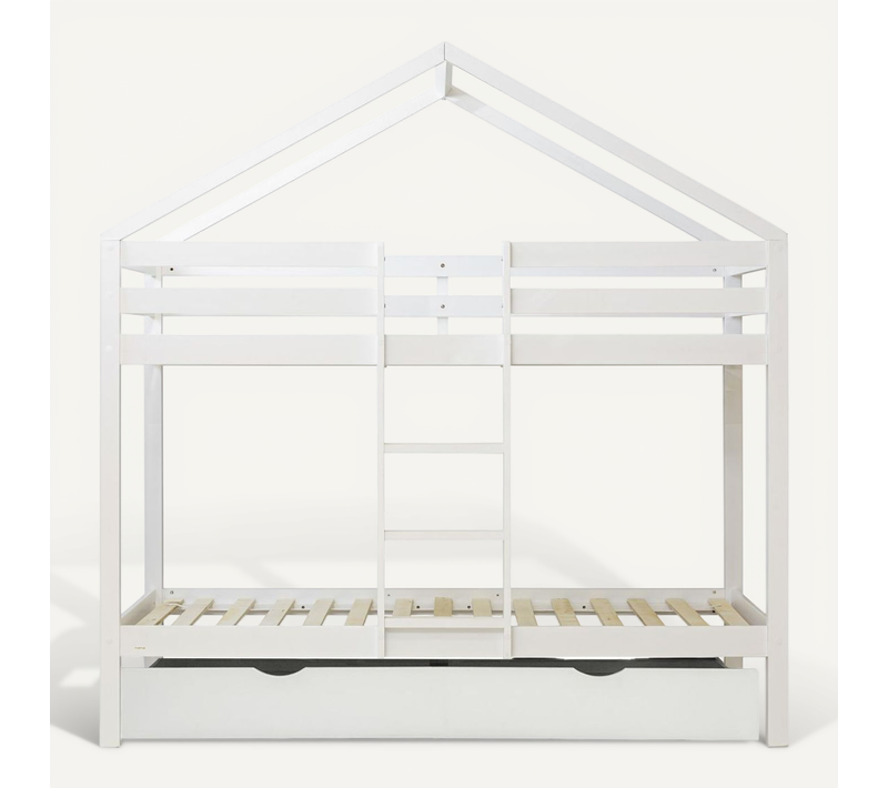 Lit Superposé Cabane + Lit Tiroir Bois Blanc 90x190/90x190cm