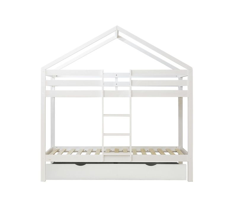 Lit Superposé Cabane + Tiroir De Rangement Bois Blanc 90x190/90x190cm
