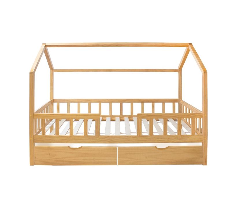 Lit Cabane Avec Barrièrre + 2 Tiroirs Bois Pin 90x190cm
