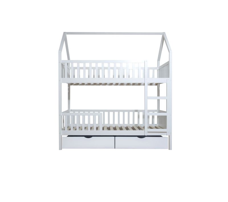 Lit Superposé Cabane + 2 Tiroirs Bois Blanc 90x190/90x190cm