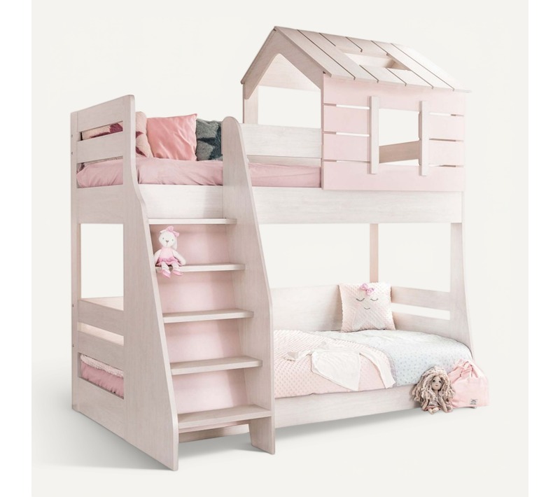 Lit Superposé Petite Maison Escalier Gauche Rose 90/100x200cm